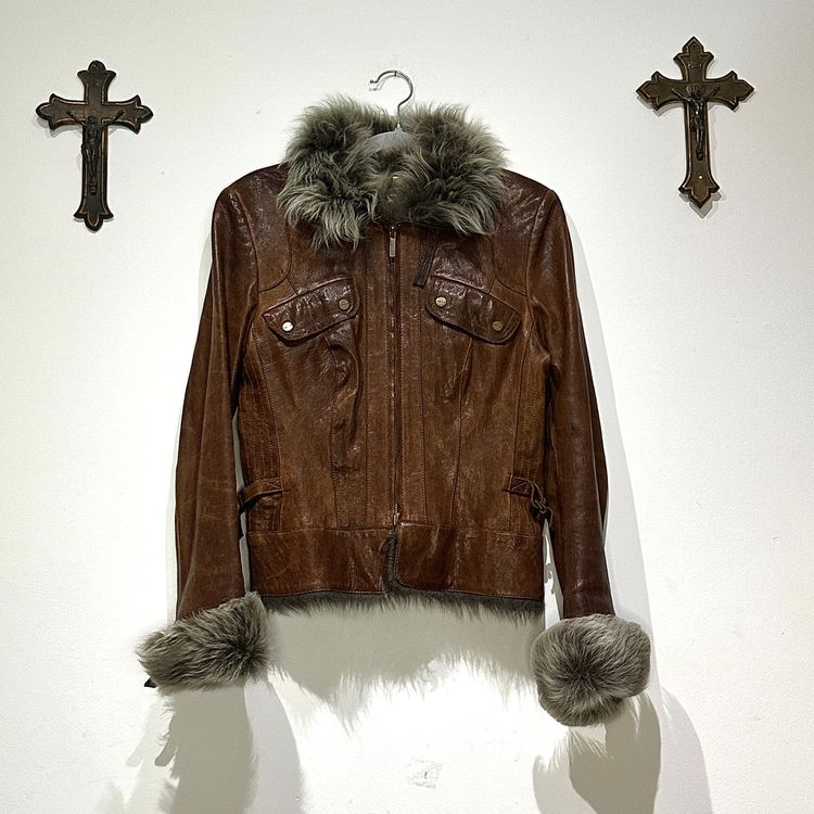 Karen Millen Y2K  Brown Leather Jacket With Fur Collar And Cuffs